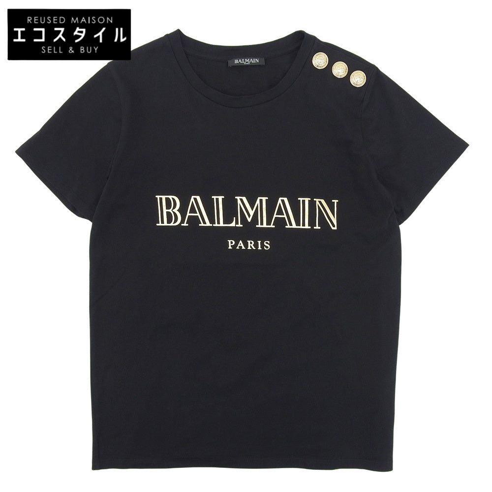 BALMAIN バルマン 美品 コットン ロゴプリント ゴールドボタン Tシャツ トップス レディース 黒 ブラック 34 148120 326I トップス 34