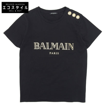 BALMAIN バルマン 美品 コットン ロゴプリント ゴールドボタン Tシャツ トップス レディース 黒 ブラック 34 148120 326I トップス 34