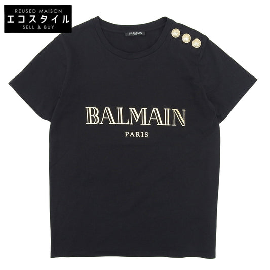 BALMAIN バルマン 美品 コットン ロゴプリント ゴールドボタン Tシャツ トップス レディース 黒 ブラック 34 148120 326I トップス 34