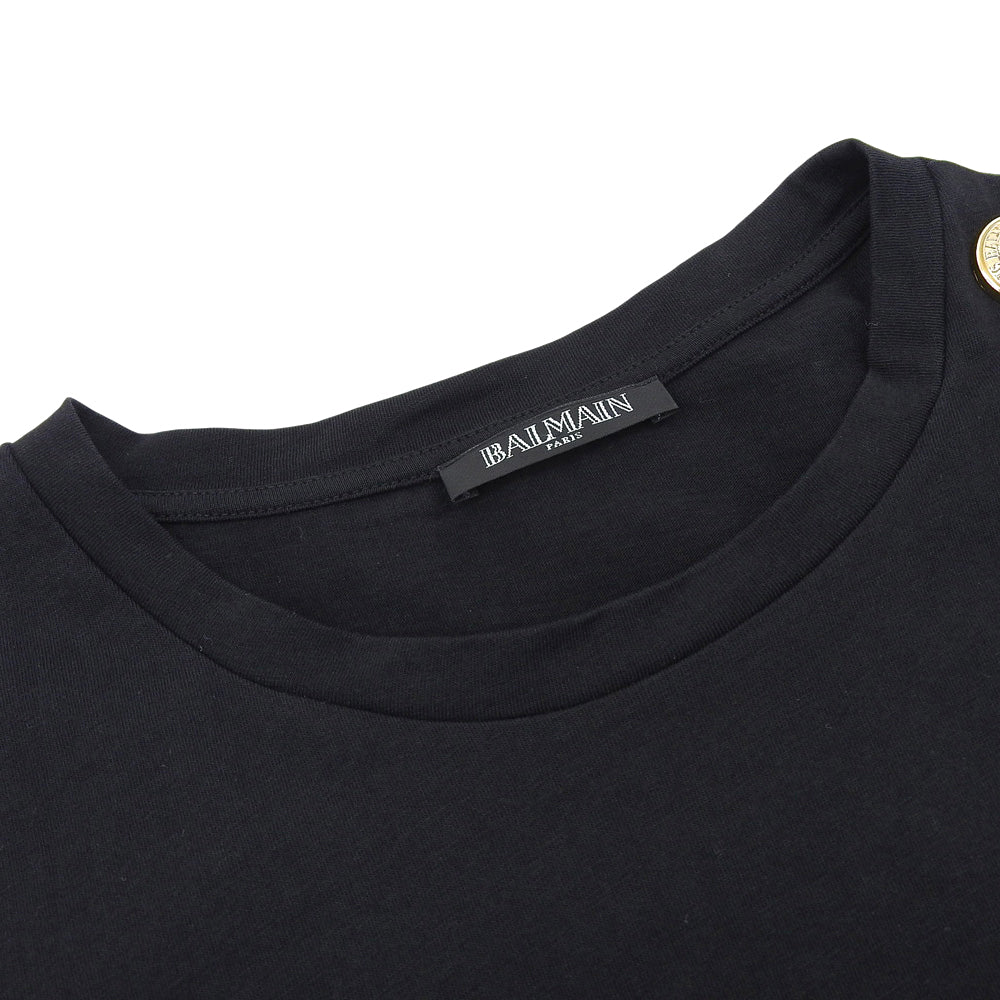 BALMAIN バルマン 美品 コットン ロゴプリント ゴールドボタン Tシャツ トップス レディース 黒 ブラック 34 148120 326I トップス 34