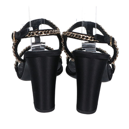 CHANEL シャネル 【美品】G46109 イミテーションパール チェーン/サテン アンクルストラップ ラムスキン サンダル シューズ 38C