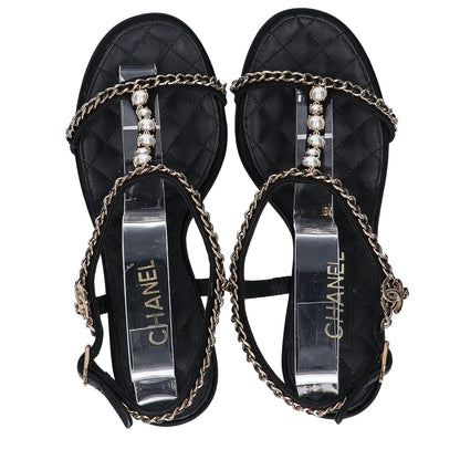 CHANEL シャネル 【美品】G46109 イミテーションパール チェーン/サテン アンクルストラップ ラムスキン サンダル シューズ 38C