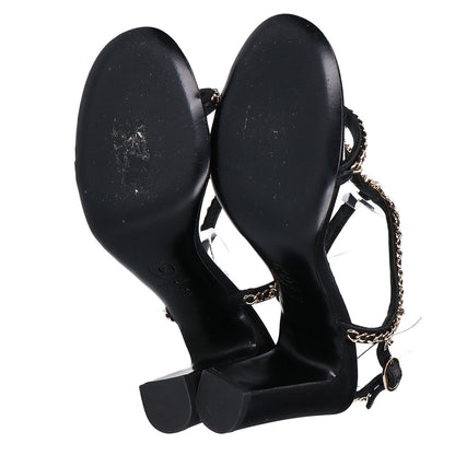 CHANEL シャネル 【美品】G46109 イミテーションパール チェーン/サテン アンクルストラップ ラムスキン サンダル シューズ 38C