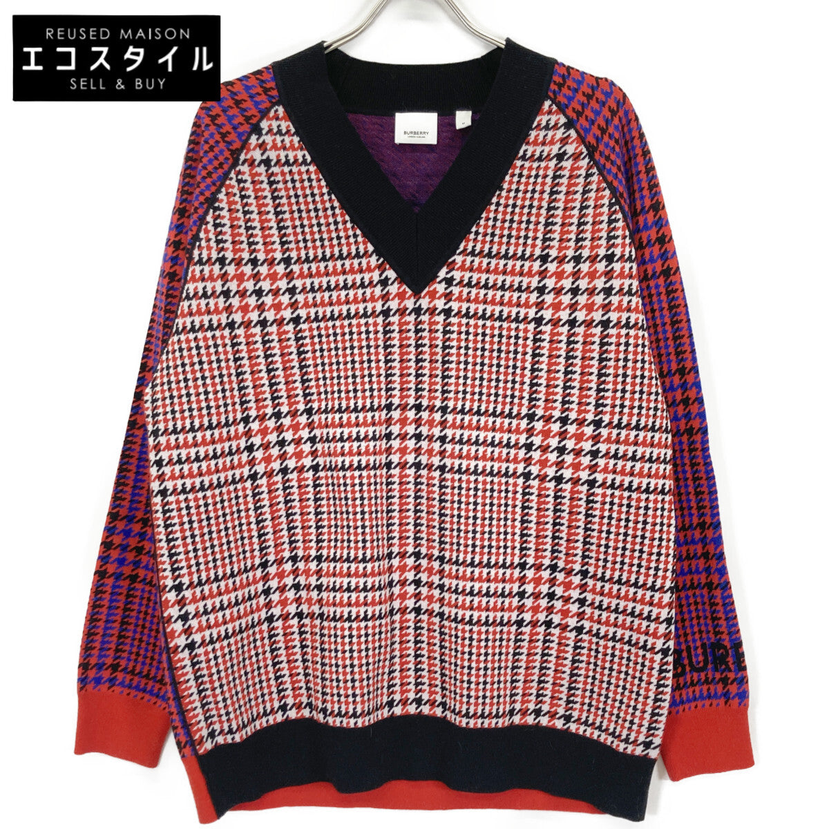 BURBERRY バーバリー 8037829 ﾘｶﾙﾄﾞﾃｨｯｼ期 ﾊｳﾝﾄﾞﾄｩｰｽ 袖ﾛｺﾞ Vﾈｯｸﾆｯﾄ トップス M