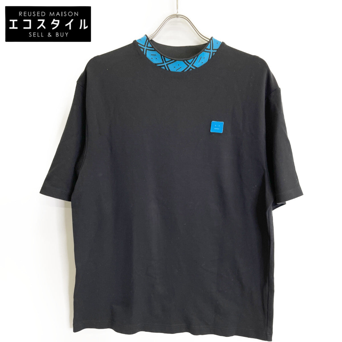 ACNE STUDIOS アクネ ストゥディオズ ﾌﾞﾗｯｸ×ﾌﾞﾙｰ ﾌｪｲｽﾊﾟｯﾁ Tｼｬﾂ トップス M