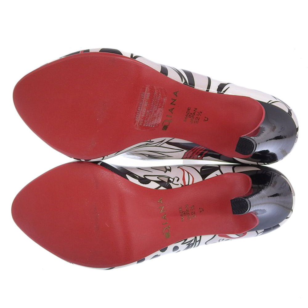 Diana ダイアナ 新品同様 ×マレフィセント クルエラ パテントレザー ヒールパンプス レディース ホワイト ブラック 22 1/2 シューズ 22.5