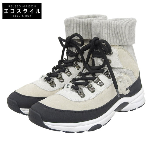 CHANEL シャネル スエードソックススニーカー シューズ レディース アイボリー ライトグレー ブラック 36 36G45204 23AW シューズ 36