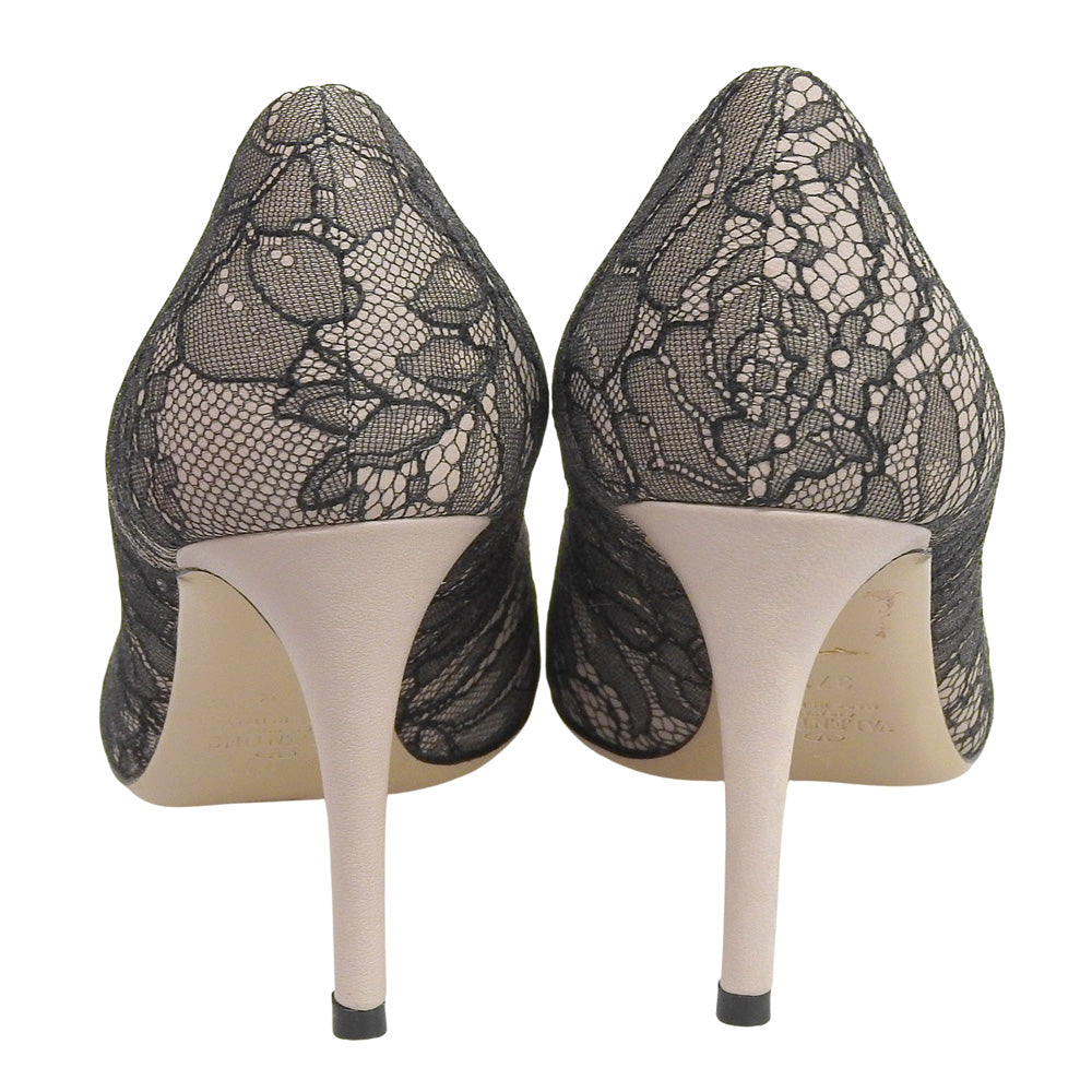 VALENTINO ヴァレンティノ レース ヒール ポインテッドトゥ パンプス レディース ブラック/ベージュ系 37 1/2 37.5 シューズ 37.5