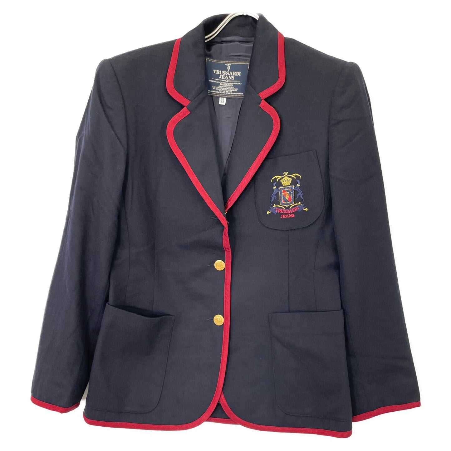 TRUSSARDI トラサルディ ネイビー×レッド エンブレム付き 金ボタン ウールカシミヤ ブレザー ジャケット 28/42