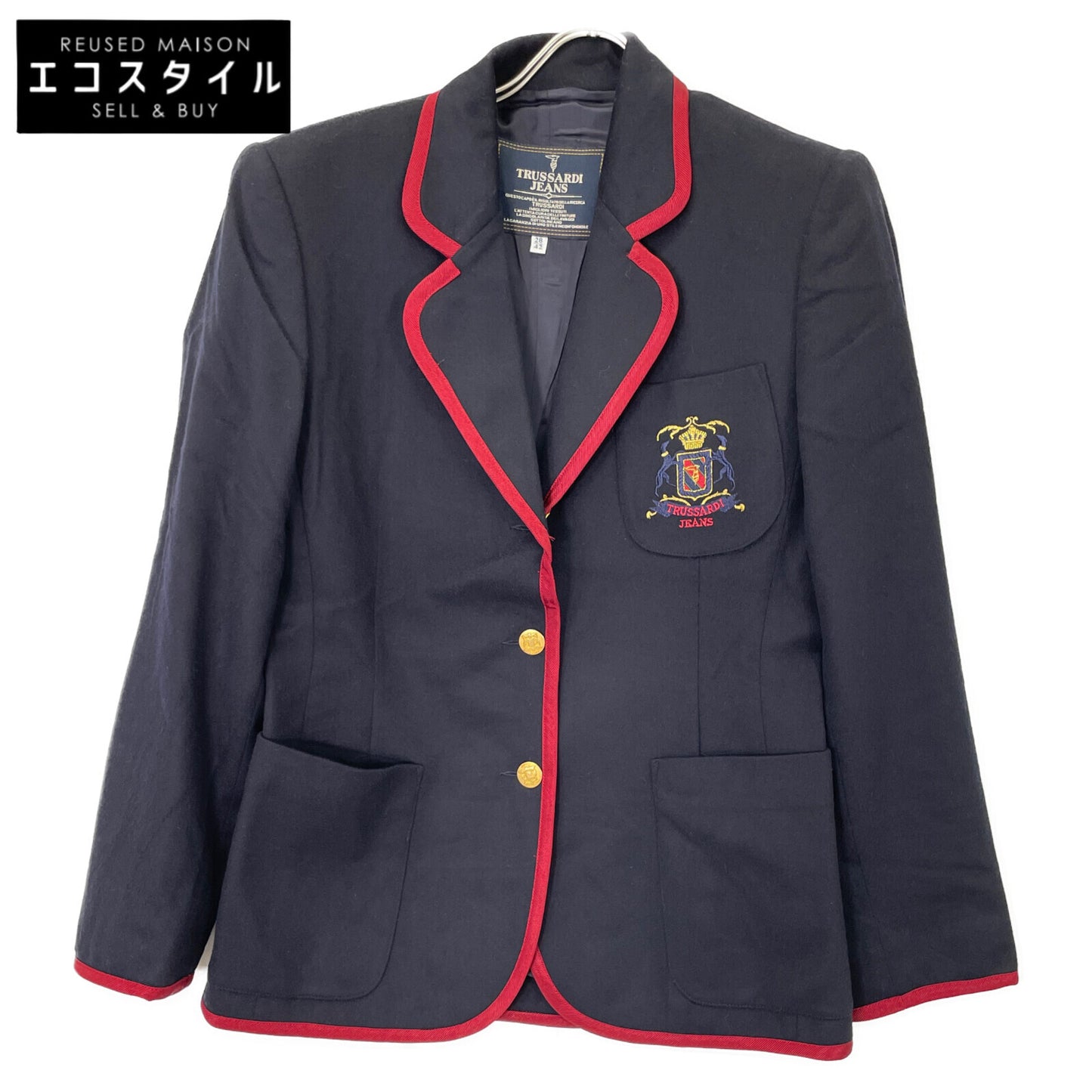 TRUSSARDI トラサルディ ネイビー×レッド エンブレム付き 金ボタン ウールカシミヤ ブレザー ジャケット 28/42