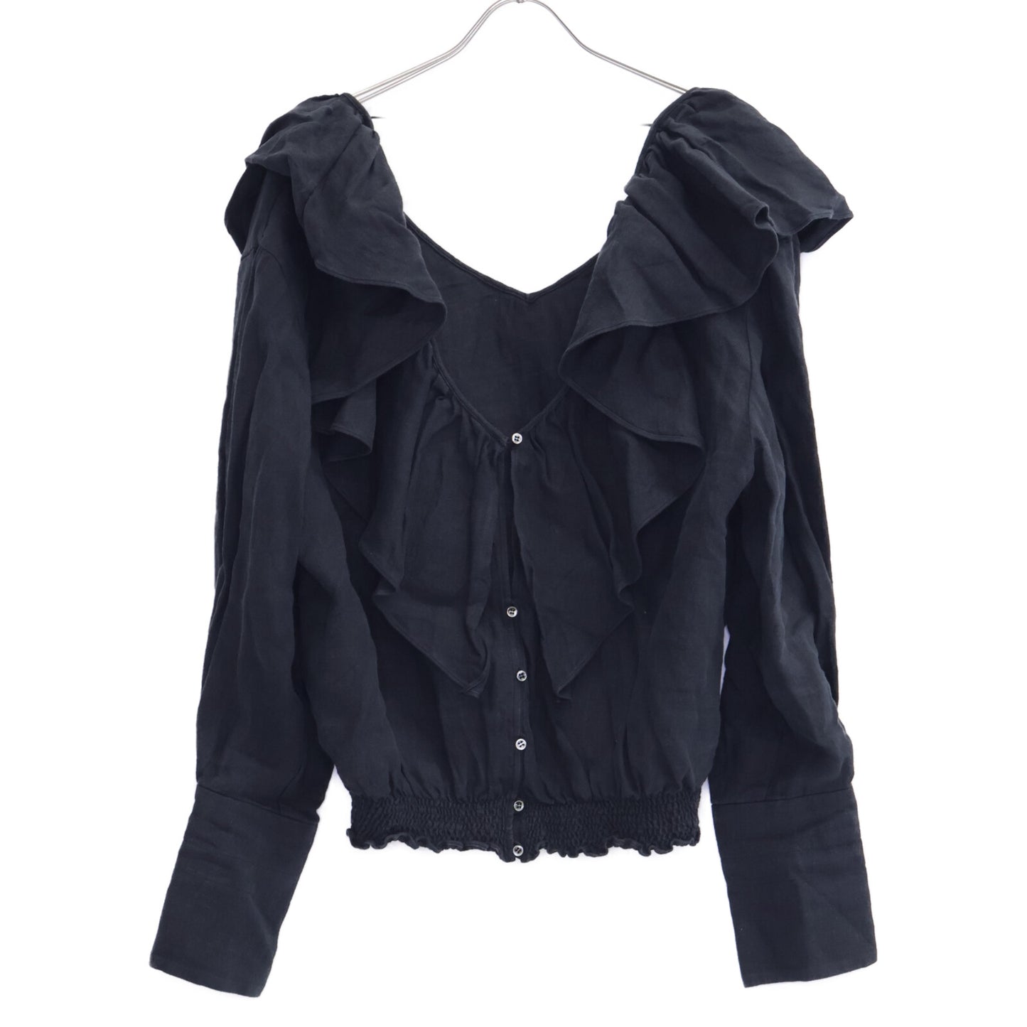 Chaos カオス ﾌﾞﾗｯｸ ﾘﾈﾝ ｵｰﾊﾞｰｶﾗｰｿﾘｯﾄﾌﾞﾗｳｽ トップス F