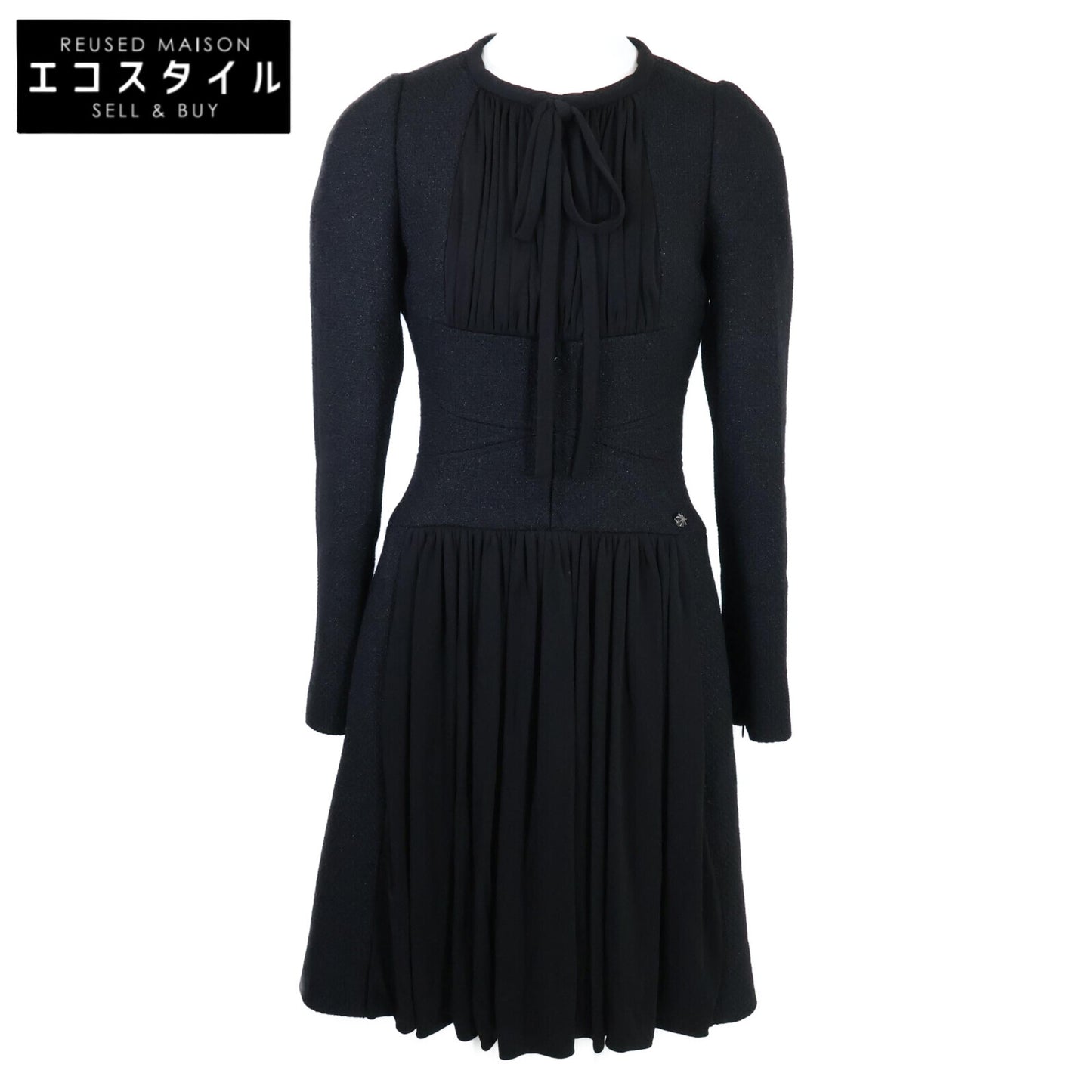 CHANEL シャネル 【美品】16B P54617V37240 ココマークプレート フロントプリーツ ツイード ワンピース 34