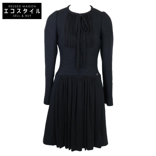 CHANEL シャネル 【美品】16B P54617V37240 ココマークプレート フロントプリーツ ツイード ワンピース 34