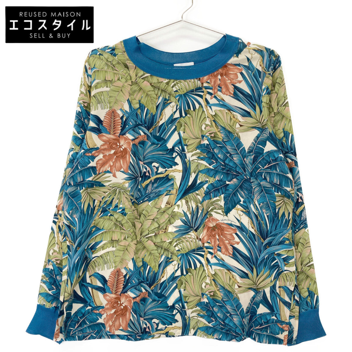 Salvatore Ferragamo サルヴァトーレフェラガモ ﾌﾞﾙｰ 7958-094 19年 ﾎﾞﾀﾆｶﾙ ｼﾙｸﾌﾟﾘﾝﾄ ｶｯﾄｿｰ トップス 38