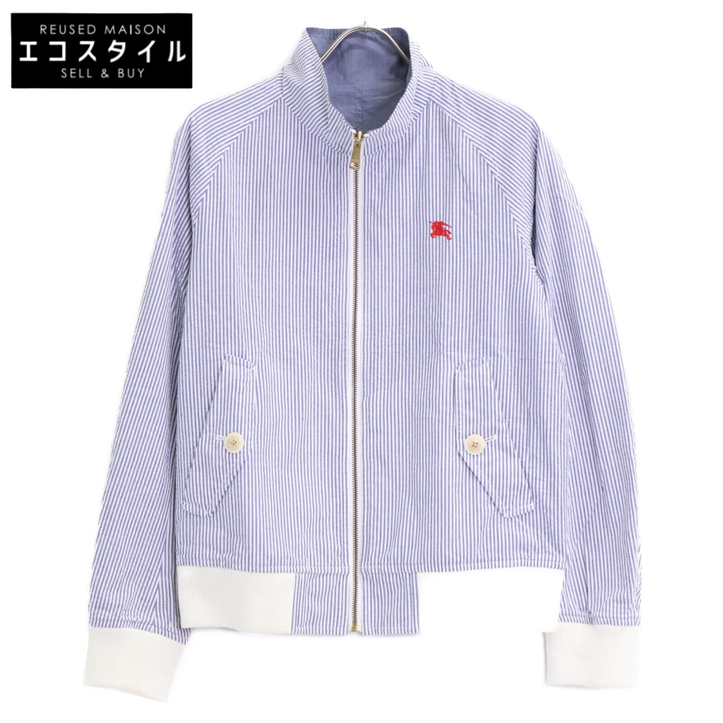 BURBERRY BLACK LABEL バーバリーブラックレーベル D1F15-117-24 ﾌﾞﾙｰ×ﾎﾜｲﾄ ｼｱｰｻｯｶｰ ﾘﾊﾞｰｼﾌﾞﾙﾌﾞﾙｿﾞﾝ ジャケット L