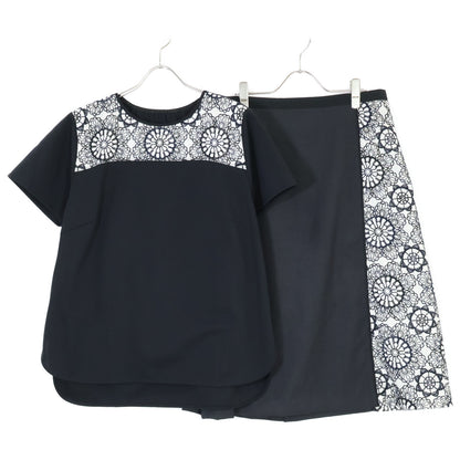 TRANS WORK トランスワーク ﾌﾞﾗｯｸ 花柄刺繍 半袖Tｼｬﾂ×ｽｶｰﾄ スーツ　セットアップ 46