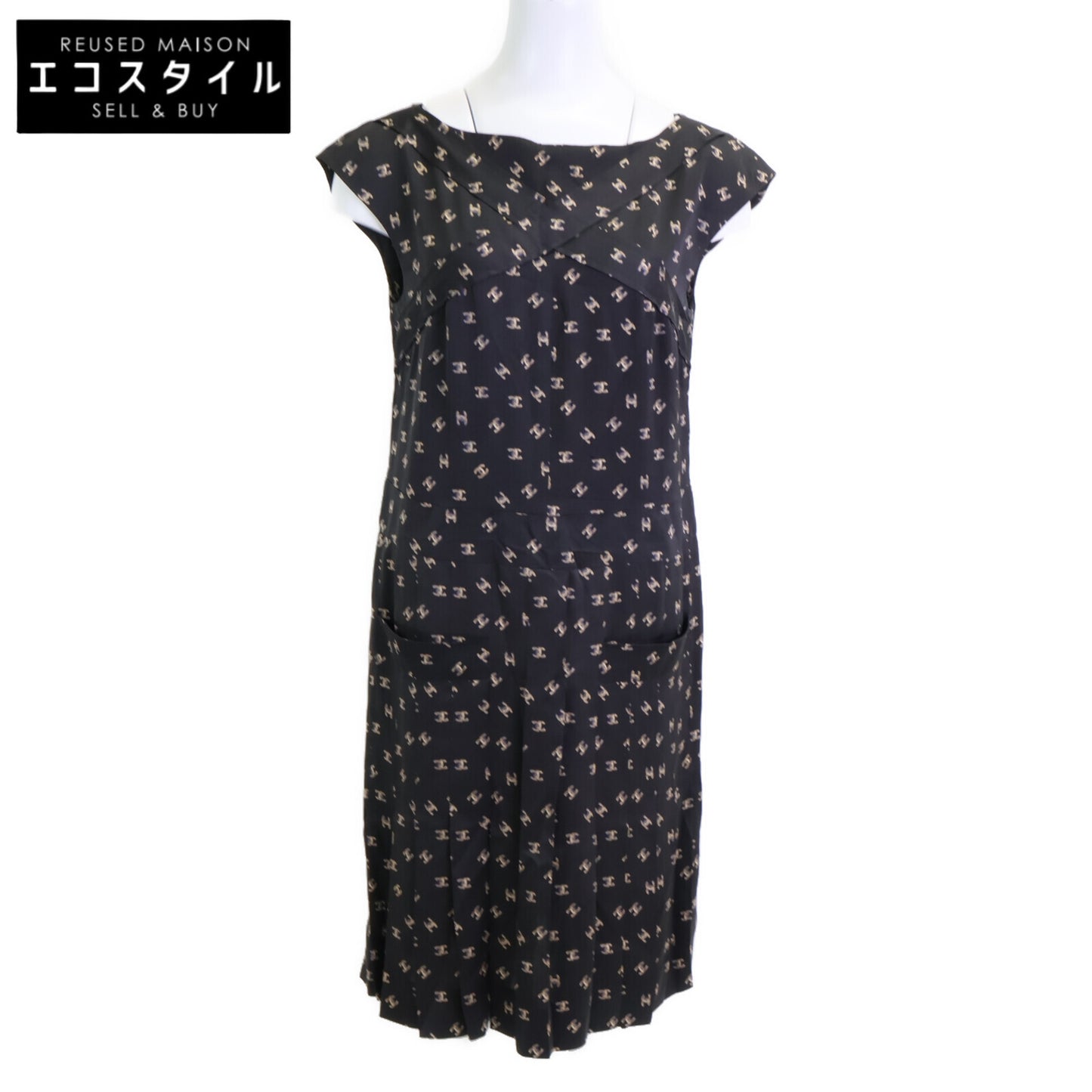 CHANEL シャネル 【美品】P44329V32715 ココマーク総柄 シルク100％ ノースリーブ ワンピース 38