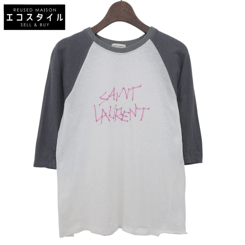 SAINT LAURENT PARIS サンローランパリ 美品 ロゴ ラグラン Tシャツ トップス レディース ホワイト×グレー XS 527674 18年 トップス XS