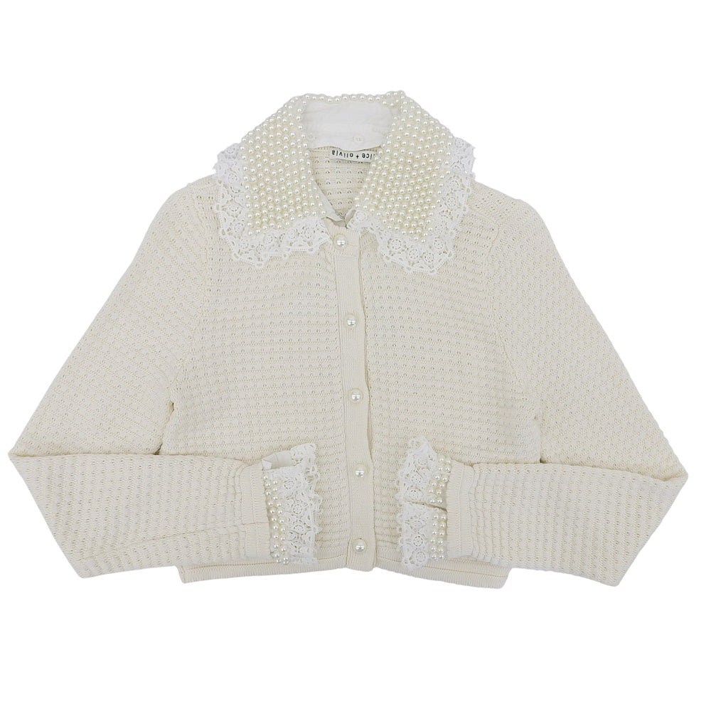 alice+olivia アリスオリビア パール×レースカラー ニットカーディガン レディース ホワイト XS トップス XS