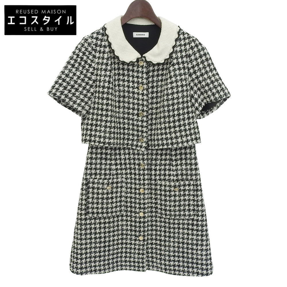 sandro サンドロ 美品 ツイード トロンプ・ルイユドレス ワンピース レディース ホワイト ブラック 34 SFPRO02482-107 ワンピース 34