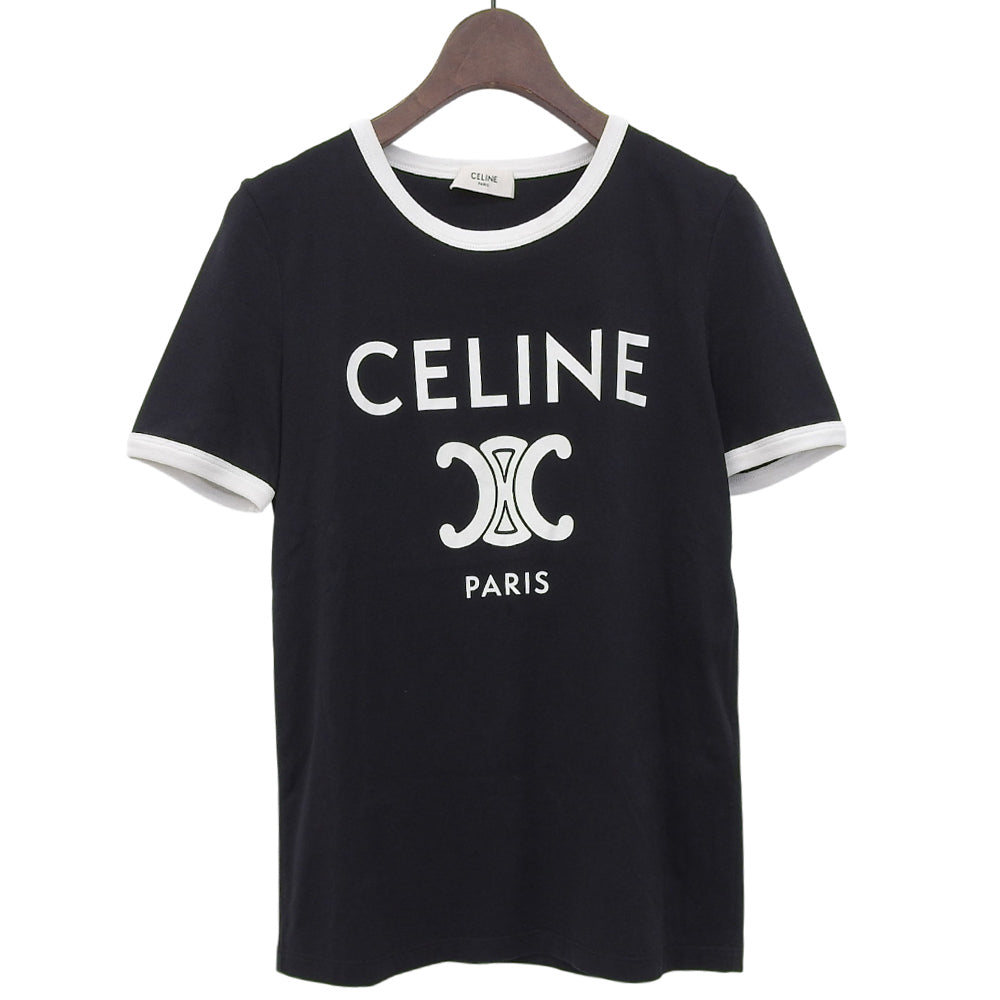 CELINE セリーヌ 美品 CELINE PARIS コットン リンガーTシャツ トップス レディース ブラック ホワイト XS 2X872671Q.38W トップス XS