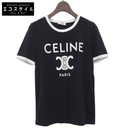 CELINE セリーヌ 美品 CELINE PARIS コットン リンガーTシャツ トップス レディース ブラック ホワイト XS 2X872671Q.38W トップス XS