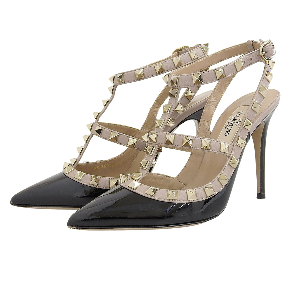 Valentino Garavani ヴァレンティノガラヴァーニ 美品 ロックスタッズ アンクルストラップ パテントレザー パンプス レディース 黒 34 シューズ 34