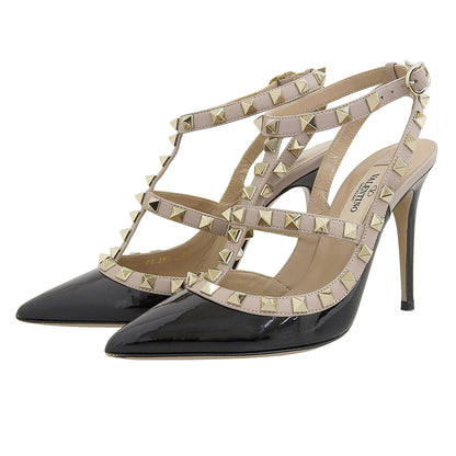 Valentino Garavani ヴァレンティノガラヴァーニ 美品 ロックスタッズ アンクルストラップ パテントレザー パンプス レディース 黒 34 シューズ 34