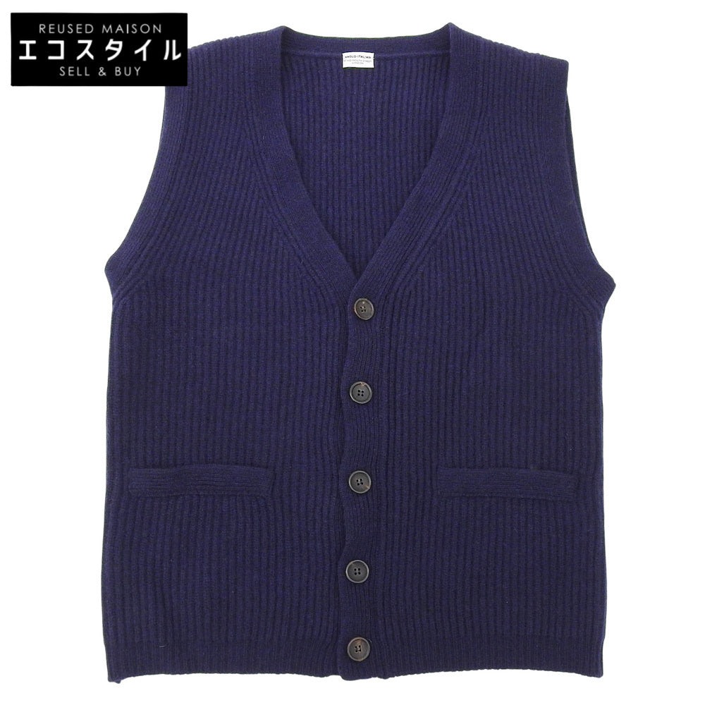 Anglo-Italian アングロイタリアン 美品 ウール フェイクポケット ニットベスト メンズ ネイビー S ベスト S
