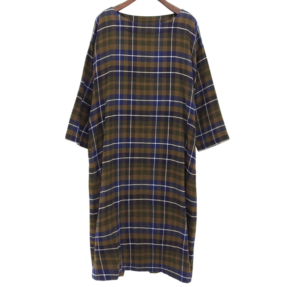 45R フォーティファイブ アール 美品 二重織 ネルチェック 馬比古ドレス ワンピース レディース カーキ×ブルー 0 5115903 ワンピース 0