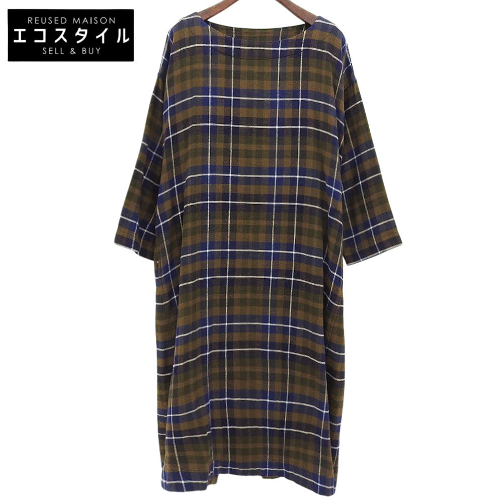 45R フォーティファイブ アール 美品 二重織 ネルチェック 馬比古ドレス ワンピース レディース カーキ×ブルー 0 5115903 ワンピース 0