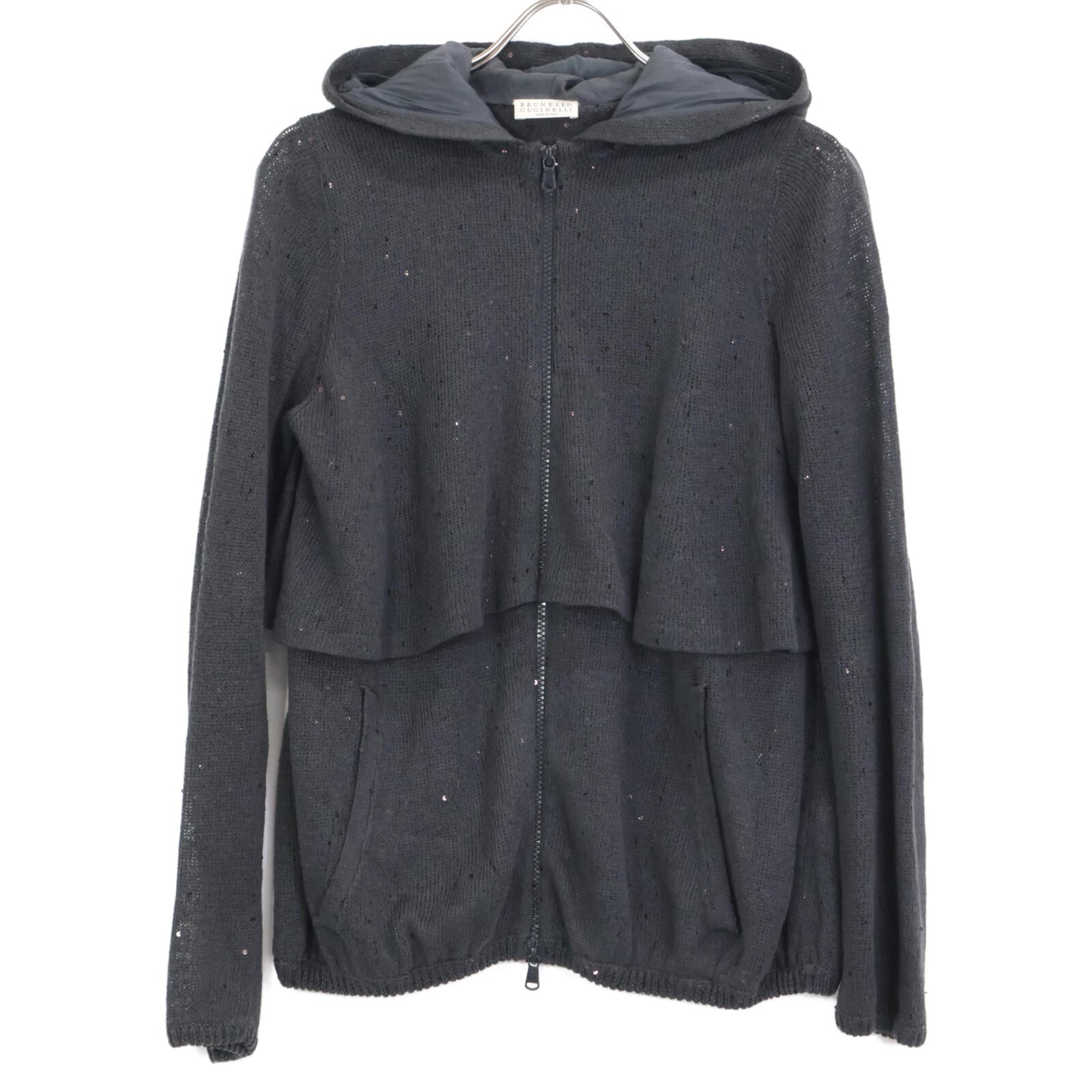 BRUNELLO CUCINELLI ブルネロクチネリ ｸﾞﾚｰ ﾘﾈﾝｼﾙｸ ｽﾊﾟﾝｺｰﾙ装飾 ｼﾞｯﾌﾟｱｯﾌﾟ ﾃｨｱｰﾄﾞﾊﾟｰｶｰ トップス M