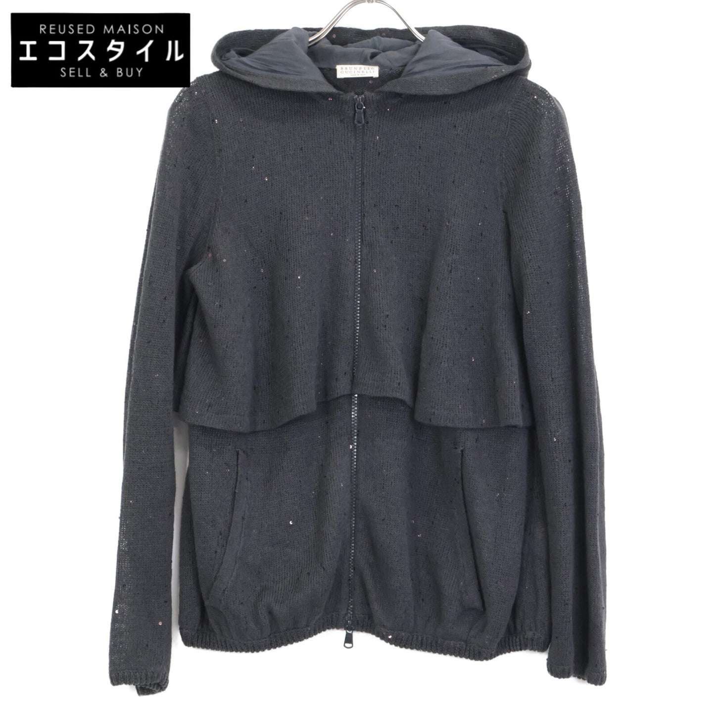 BRUNELLO CUCINELLI ブルネロクチネリ ｸﾞﾚｰ ﾘﾈﾝｼﾙｸ ｽﾊﾟﾝｺｰﾙ装飾 ｼﾞｯﾌﾟｱｯﾌﾟ ﾃｨｱｰﾄﾞﾊﾟｰｶｰ トップス M