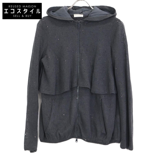 BRUNELLO CUCINELLI ブルネロクチネリ ｸﾞﾚｰ ﾘﾈﾝｼﾙｸ ｽﾊﾟﾝｺｰﾙ装飾 ｼﾞｯﾌﾟｱｯﾌﾟ ﾃｨｱｰﾄﾞﾊﾟｰｶｰ トップス M