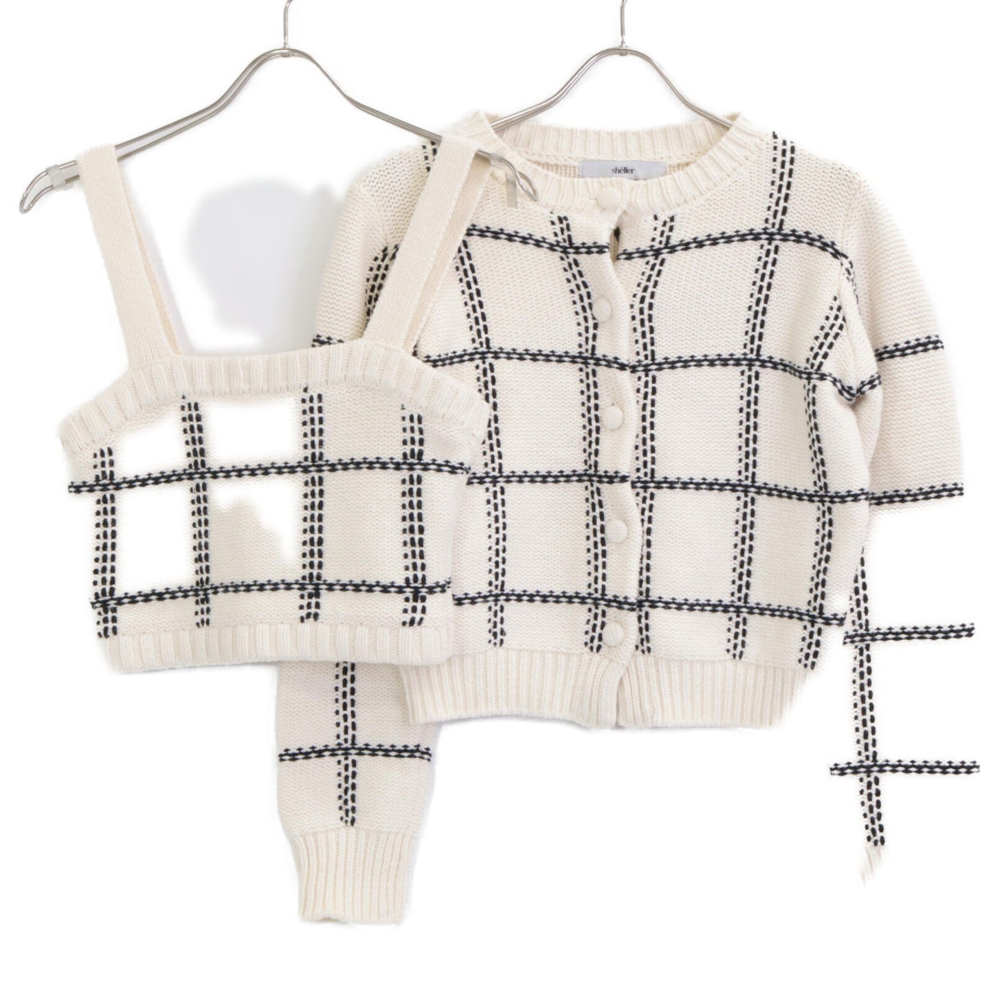 sheller シェリエ ﾎﾜｲﾄ handmade check ensembl ｱﾝｻﾝﾌﾞﾙｶｰﾃﾞｨｶﾞﾝ F