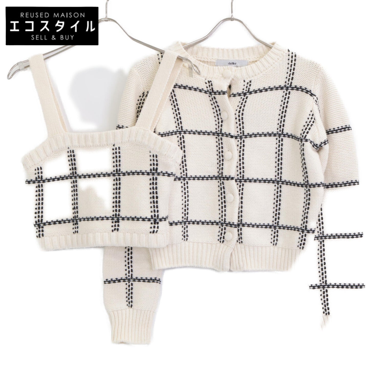 sheller シェリエ ﾎﾜｲﾄ handmade check ensembl ｱﾝｻﾝﾌﾞﾙｶｰﾃﾞｨｶﾞﾝ F