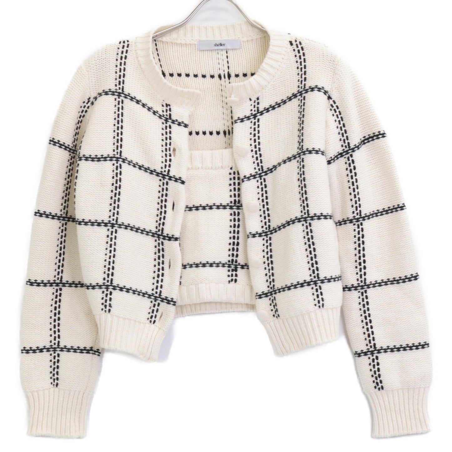 sheller シェリエ ﾎﾜｲﾄ handmade check ensembl ｱﾝｻﾝﾌﾞﾙｶｰﾃﾞｨｶﾞﾝ F