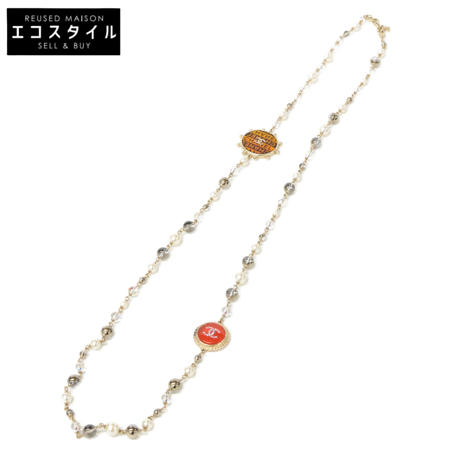 CHANEL シャネル A19 C ココマーク ラウンドプレート フェイクパール ロング ネックレス