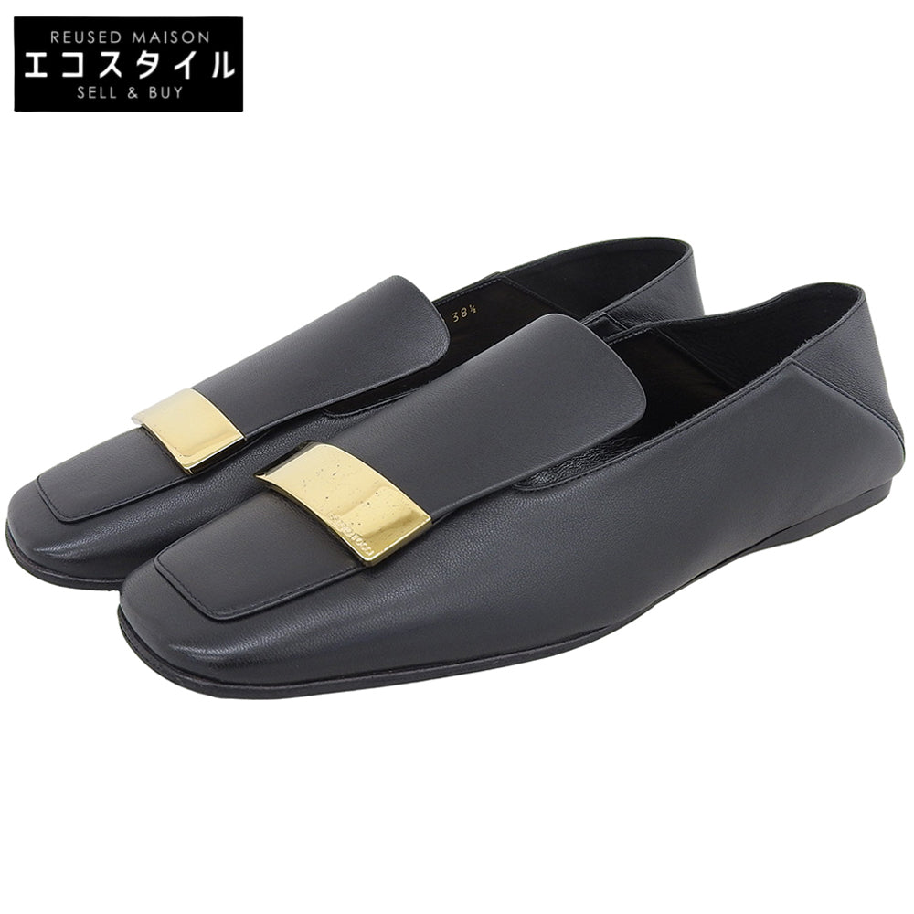 Sergio Rossi セルジオロッシ 新品同様 メタルプレート レザー スクエアトゥシューズ レディース ブラック×ゴールド 38 1/2 A77990 シューズ 38 1/2