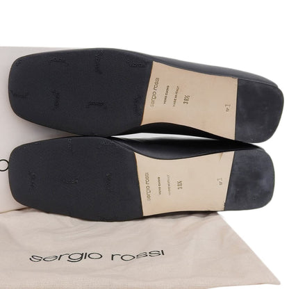 Sergio Rossi セルジオロッシ 新品同様 メタルプレート レザー スクエアトゥシューズ レディース ブラック×ゴールド 38 1/2 A77990 シューズ 38 1/2