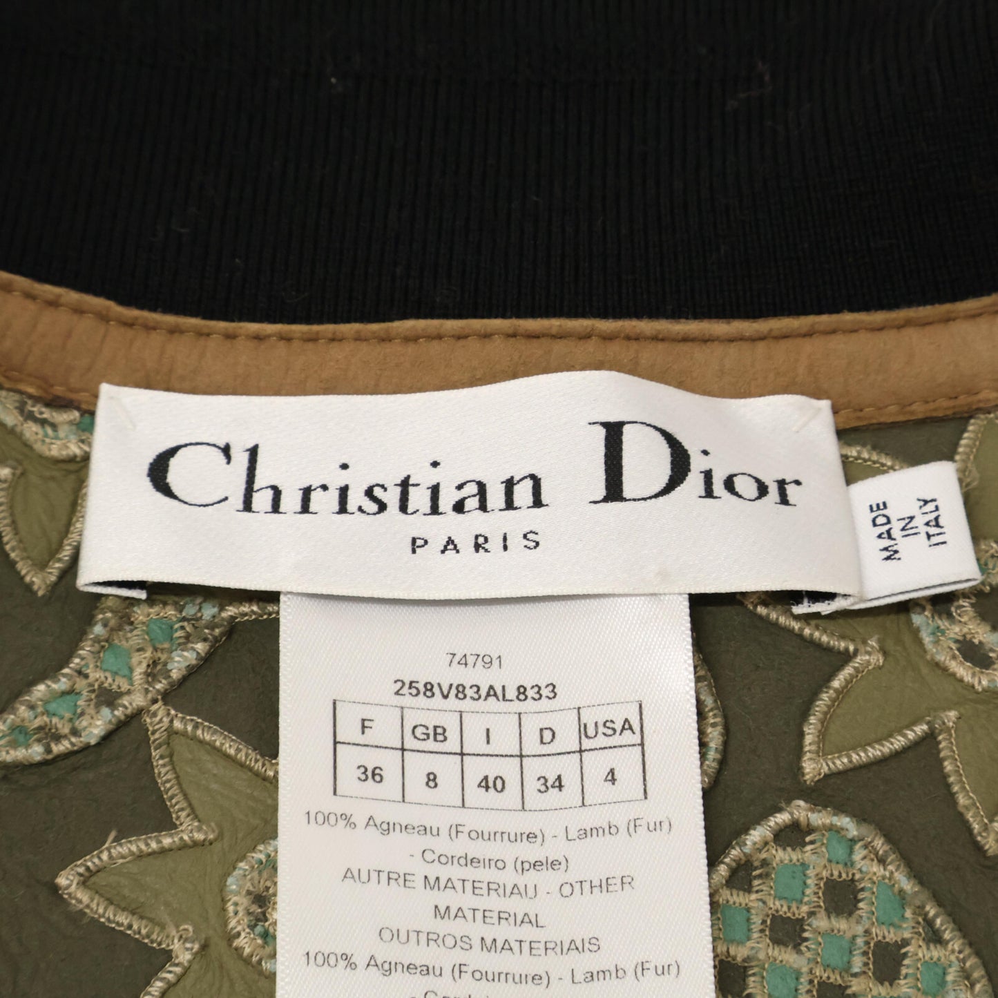 Christian Dior クリスチャンディオール 【国内正規】258V83AL833 ラムレザー/ボア 切替 クロップド ブルゾン/ ジャケット 40