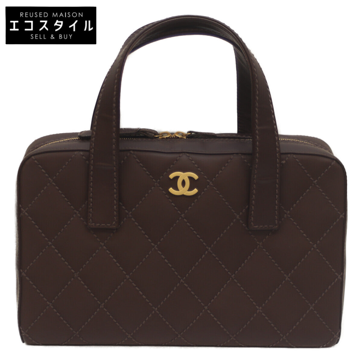 CHANEL シャネル 8番 ブラウン ワイルドステッチ Wファスナー ミニボストン ハンド ボストンバッグ