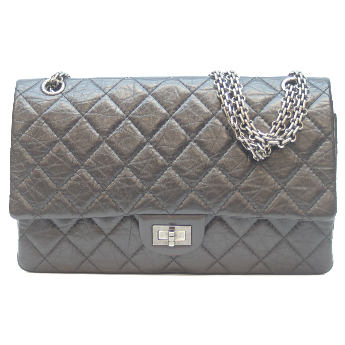 CHANEL シャネル 黒 Wﾌﾗｯﾌﾟ ｳﾞｨﾝﾃｰｼﾞｶｰﾌｽｷﾝ ｼﾙﾊﾞｰ金具 ﾏﾄﾗｯｾ 2.55 ﾗｰｼﾞ ショルダーバッグ 28