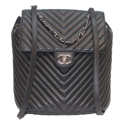 CHANEL シャネル 25番 黒 ﾗﾑ ｼﾙﾊﾞｰ金具 Vｽﾃｯﾁ ｼｪﾌﾞﾛﾝ ﾘｭｯｸ リュック バックパック