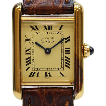 Cartier カルティエ 82-95年 925 ﾏｽﾄﾀﾝｸｳﾞｪﾙﾒｲﾕSM ﾛｰﾏｱｲﾎﾞﾘｰ文字盤 QZ 革 腕時計