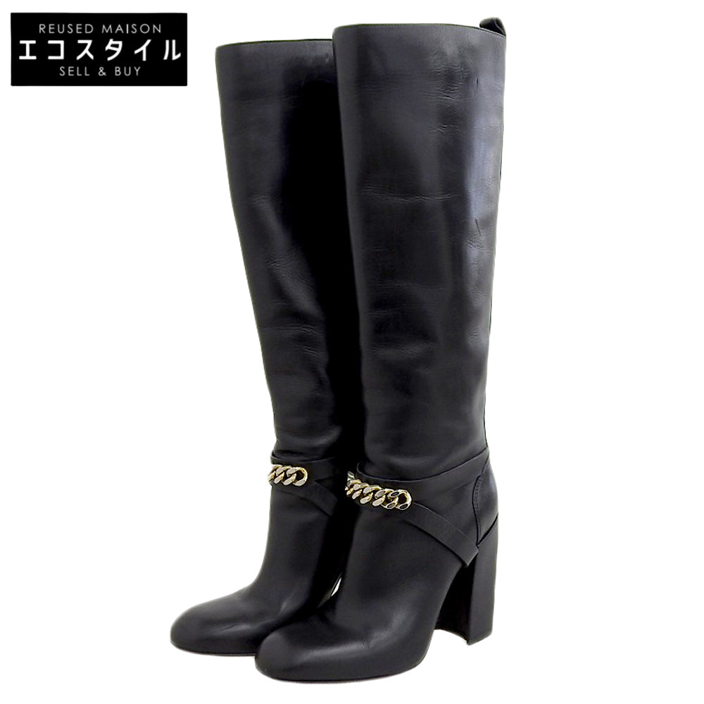 Yves Saint-Laurent イヴサンローラン フロントチェーン チャンキーヒール レザー ロングブーツ シューズ レディース ブラック 36 シューズ 36