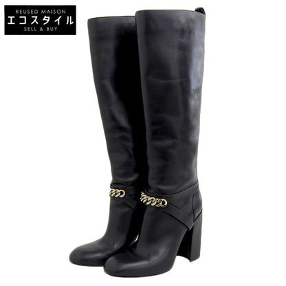 Yves Saint-Laurent イヴサンローラン フロントチェーン チャンキーヒール レザー ロングブーツ シューズ レディース ブラック 36 シューズ 36