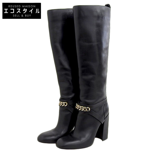 Yves Saint-Laurent イヴサンローラン フロントチェーン チャンキーヒール レザー ロングブーツ シューズ レディース ブラック 36 シューズ 36