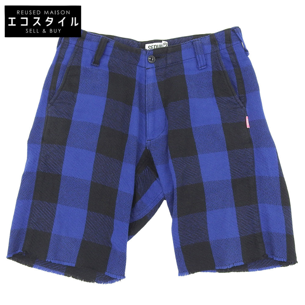 SEQUEL シークエル 美品 コットン チェック ハーフパンツ ボトムス メンズ ブルー×ブラック S ボトムス S