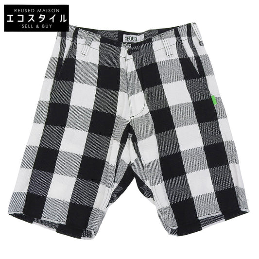 SEQUEL シークエル 美品 コットン チェック ハーフパンツ ボトムス メンズ ホワイト×ブラック S ボトムス S